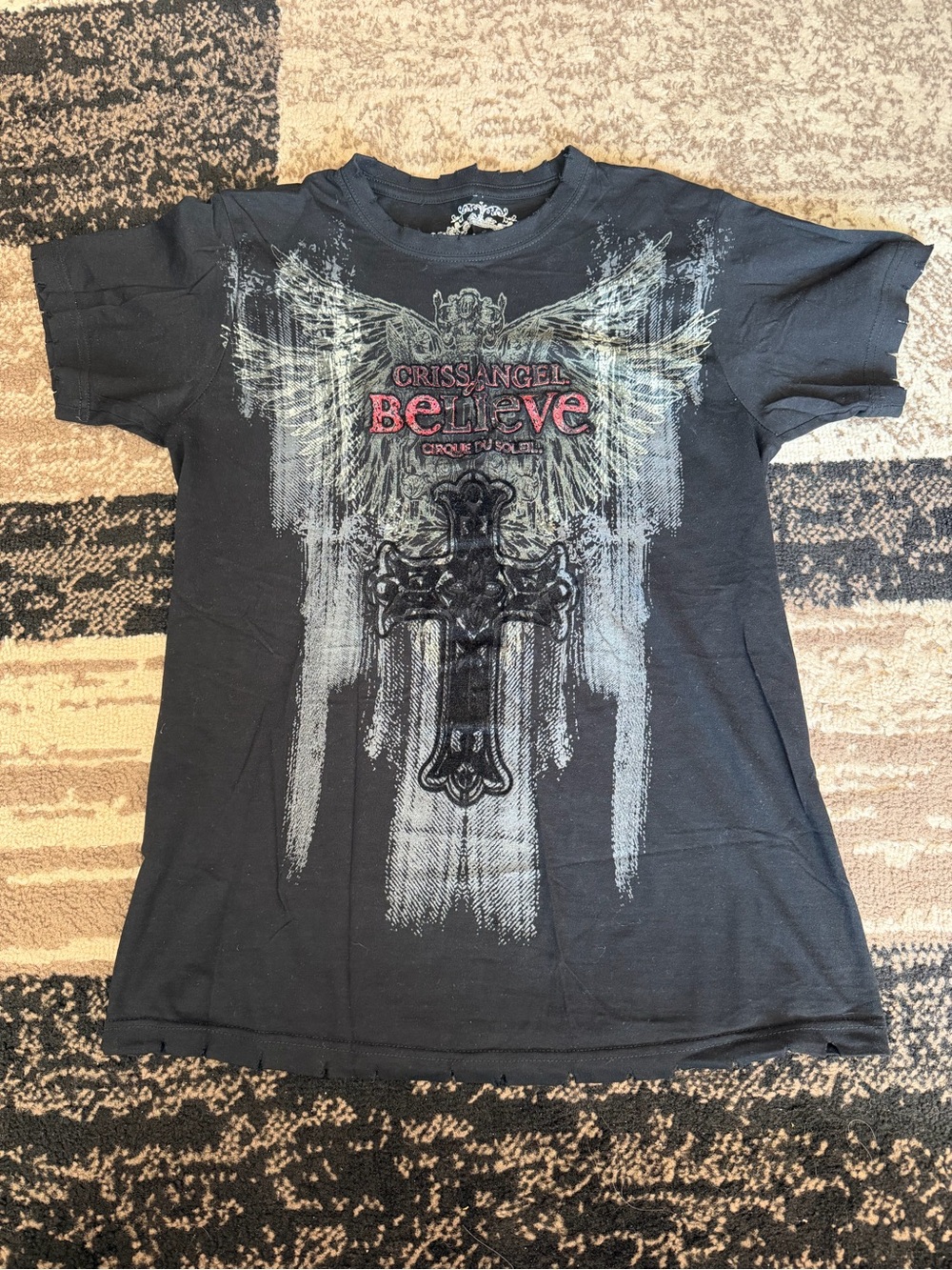 criss angel believe affliction style black t shirt with cross and wings graphic